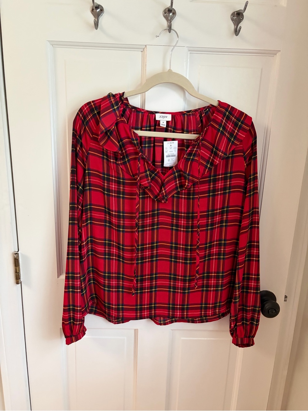 J. Crew Red Plaid Ruffle-Trim Long-Sleeve Blouse